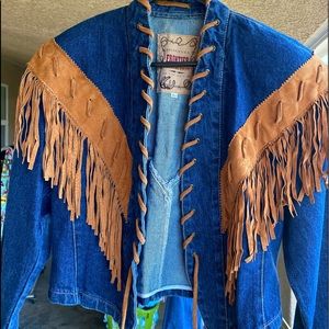 Frontier Collection Denim crop jacket with brown suede fringe